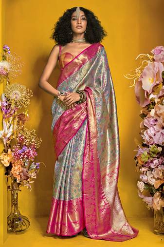 Grey & rani pink art silk handloom weaving saree