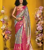 Grey & rani pink art silk handloom weaving saree