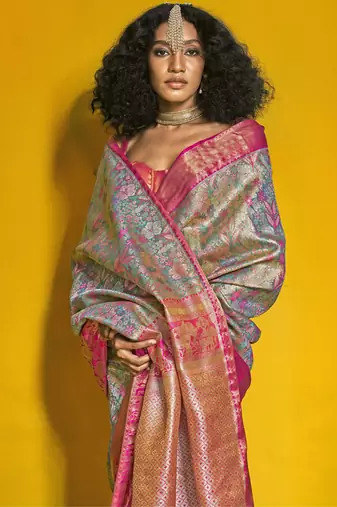 Grey & rani pink art silk handloom weaving saree