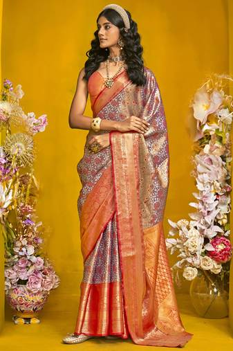 Gray & red art silk handloom weaving saree