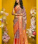 Gray & red art silk handloom weaving saree