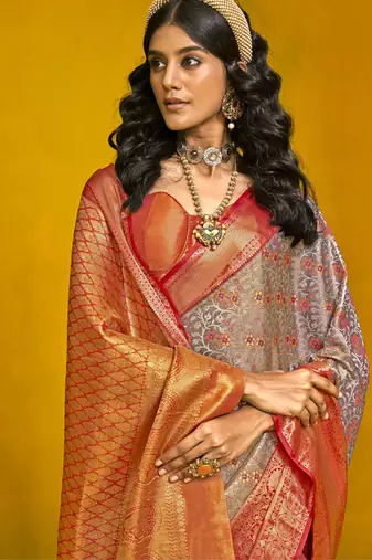 Gray & red art silk handloom weaving saree