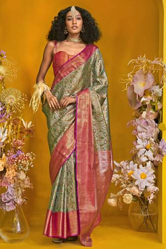 Mehendi & pink art silk handloom weaving saree