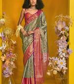 Mehendi & pink art silk handloom weaving saree