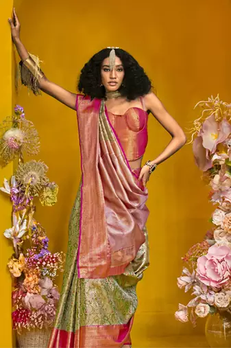 Mehendi & pink art silk handloom weaving saree