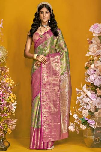 Pink & olive art silk handloom weaving saree