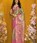 Pink & olive art silk handloom weaving saree