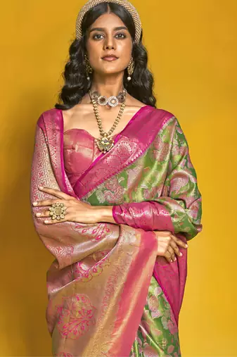 Pink & olive art silk handloom weaving saree