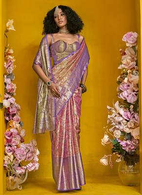 Lavender & peach art silk handloom weaving saree 2