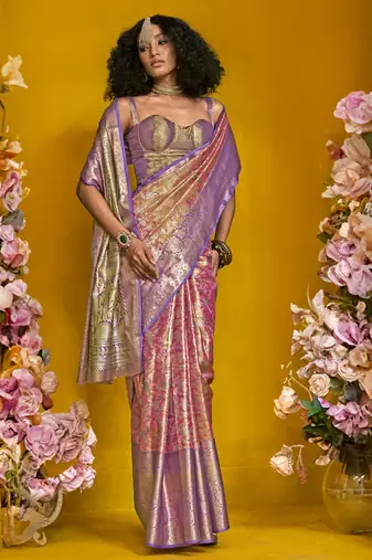 Lavender & peach art silk handloom weaving saree