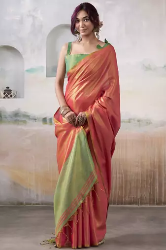 Salmon tissue silk with beautiful tussle festival wear saree