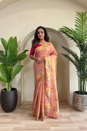 Peach Jacquard Zari Weaving Tissue Saree