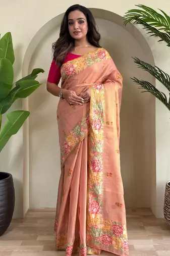 Peach Jacquard Zari Weaving Tissue Saree