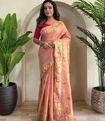 Peach Jacquard Zari Weaving Tissue Saree