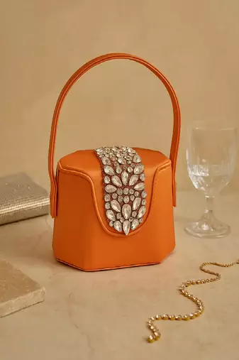 Elegant orange crystal bucket bag