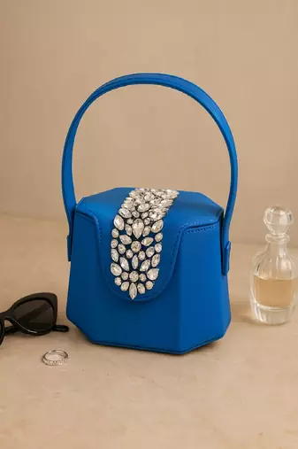 Elegant blue crystal bucket bag