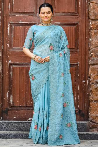 Blue floral embroidered chiffon saree