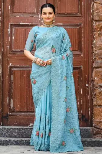 Blue floral embroidered chiffon saree