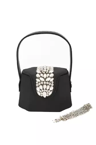 Elegant black crystal bucket bag