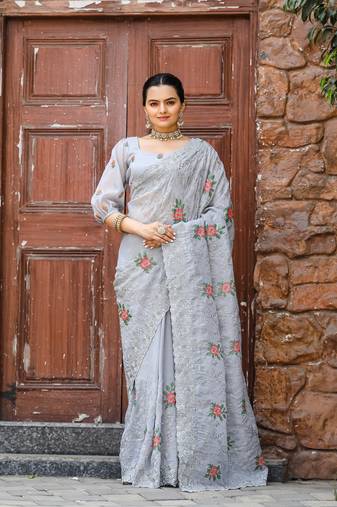 Grey floral embroidered chiffon saree