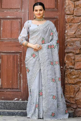 Grey floral embroidered chiffon saree