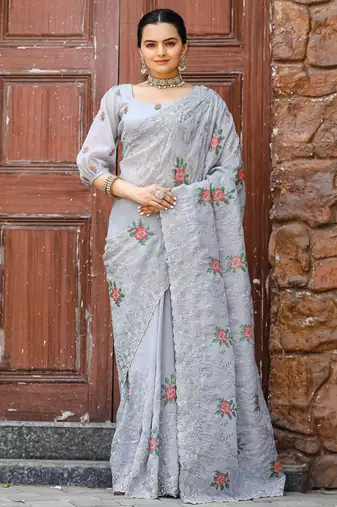 Grey floral embroidered chiffon saree