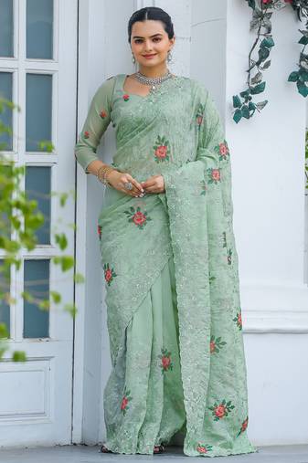 Light Green floral Embroidery Chiffon Saree