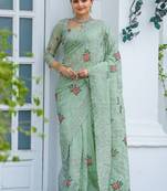 Light Green floral Embroidery Chiffon Saree