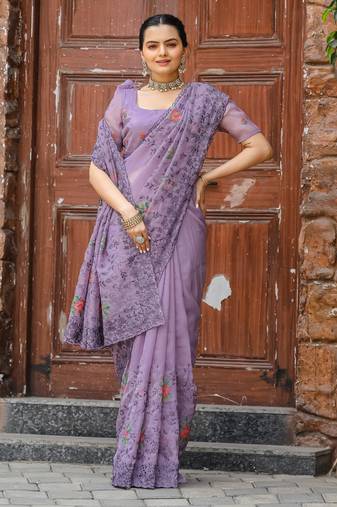 Lavender floral embroidered chiffon saree