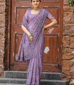 Lavender floral embroidered chiffon saree