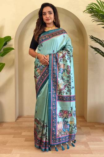 SkyBlue Kalamkari Digital Print Viscose Saree