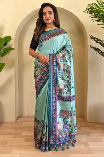 SkyBlue Kalamkari Digital Print Viscose Saree