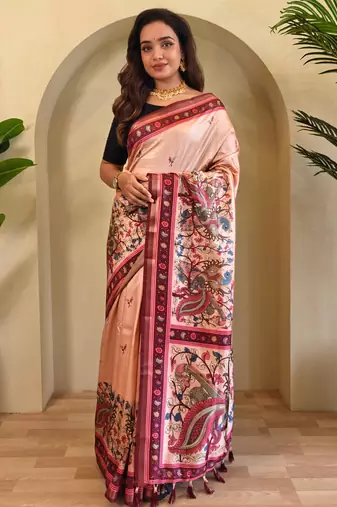 Peach Kalamkari Digital Print Viscose Saree