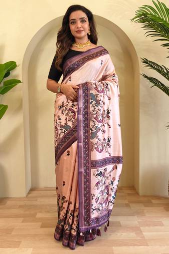 Light Pink Kalamkari Digital Print Viscose Saree 