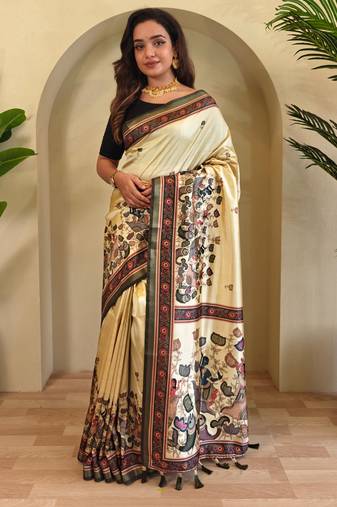 Cream Kalamkari Digital Print Viscose Saree
