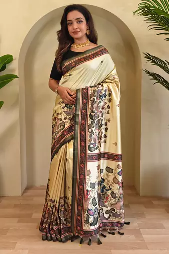 Cream Kalamkari Digital Print Viscose Saree
