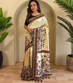 Cream Kalamkari Digital Print Viscose Saree