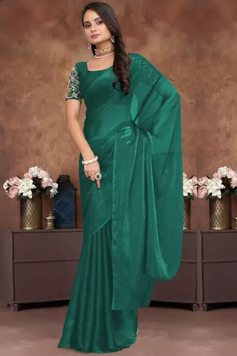 Darkgreen crush silk saree with stone work
