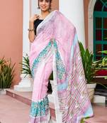 Pink linen zari printed saree with blouse.