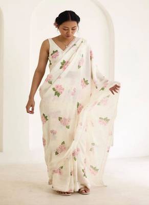 White floral digital printed saree with blouse 1