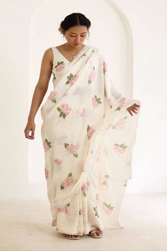 White floral digital printed saree with blouse