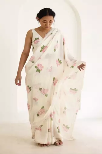 White floral digital printed saree with blouse
