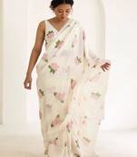 White floral digital printed saree with blouse