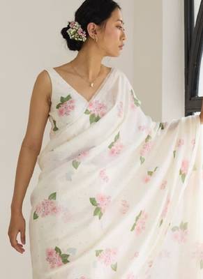 White floral digital printed saree with blouse 2