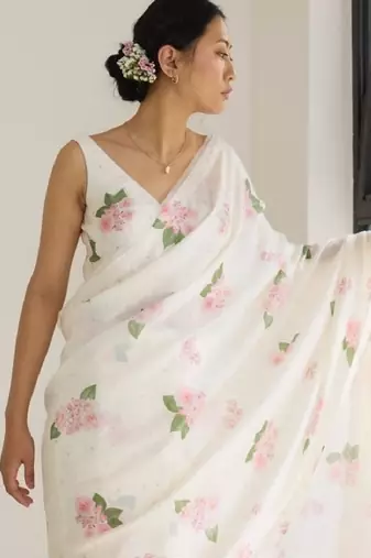 White floral digital printed saree with blouse