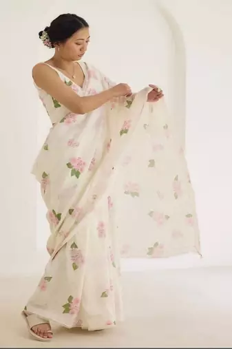 White floral digital printed saree with blouse