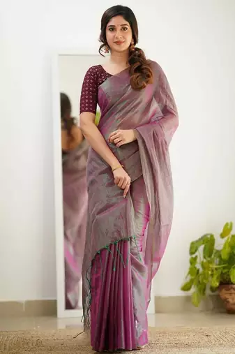 Puprle cotton printed plain saree with blouse