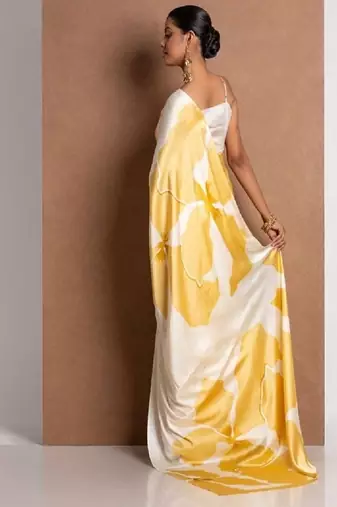 Yellow crepe digital printed saree with blouse
