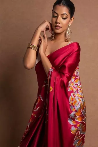 Red crepe digital printed saree with blouse