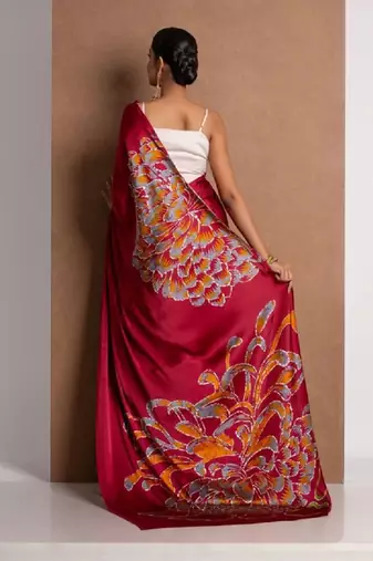 Red crepe digital printed saree with blouse
